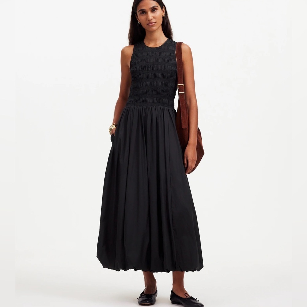 Madewell The Melody Bubble-Hem Smocked Midi Dress in Poplin Size XXS